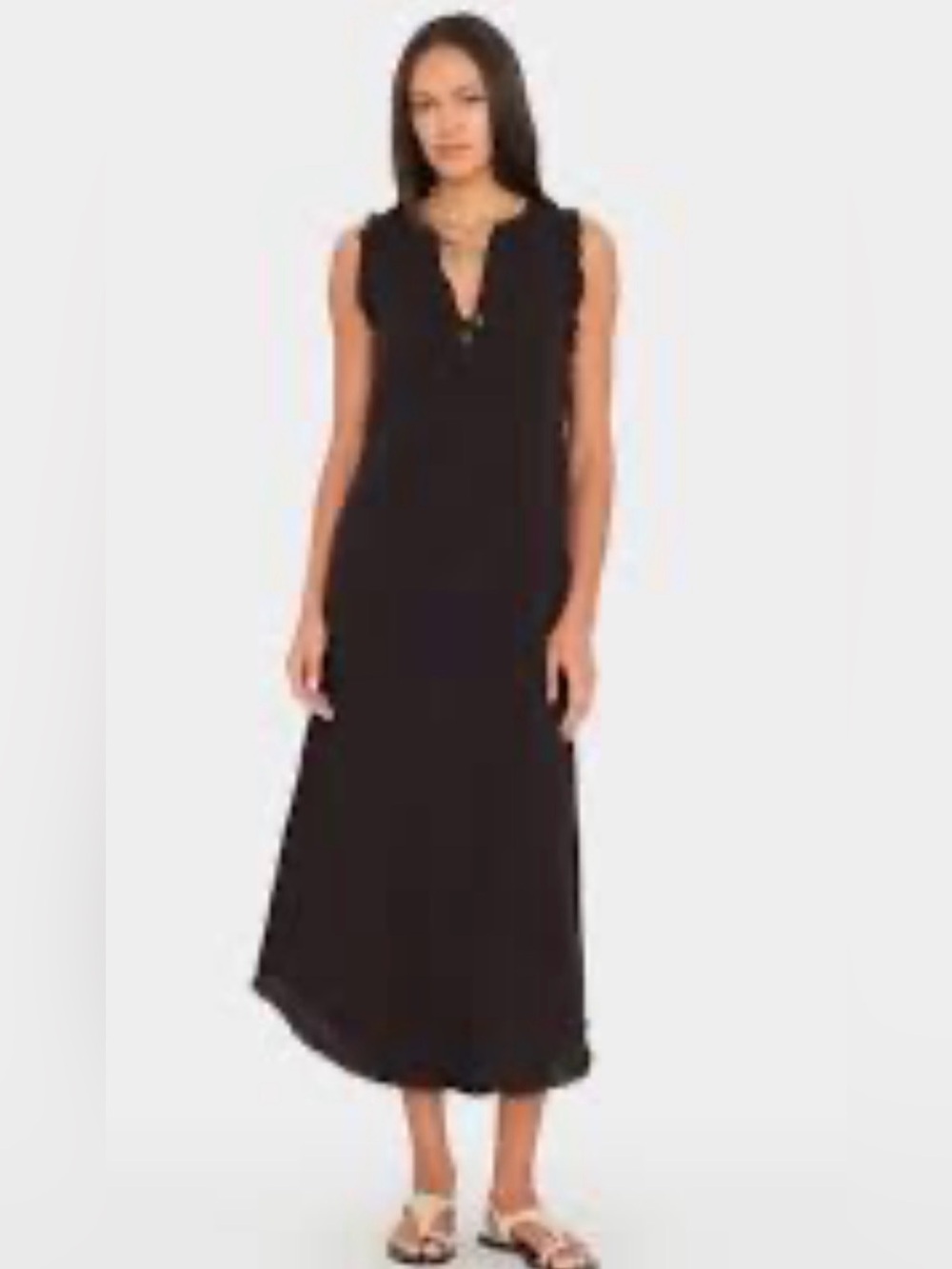 Xirena Black Double Gauze Sleeveless Frayed Trim Midi Dress Size Small